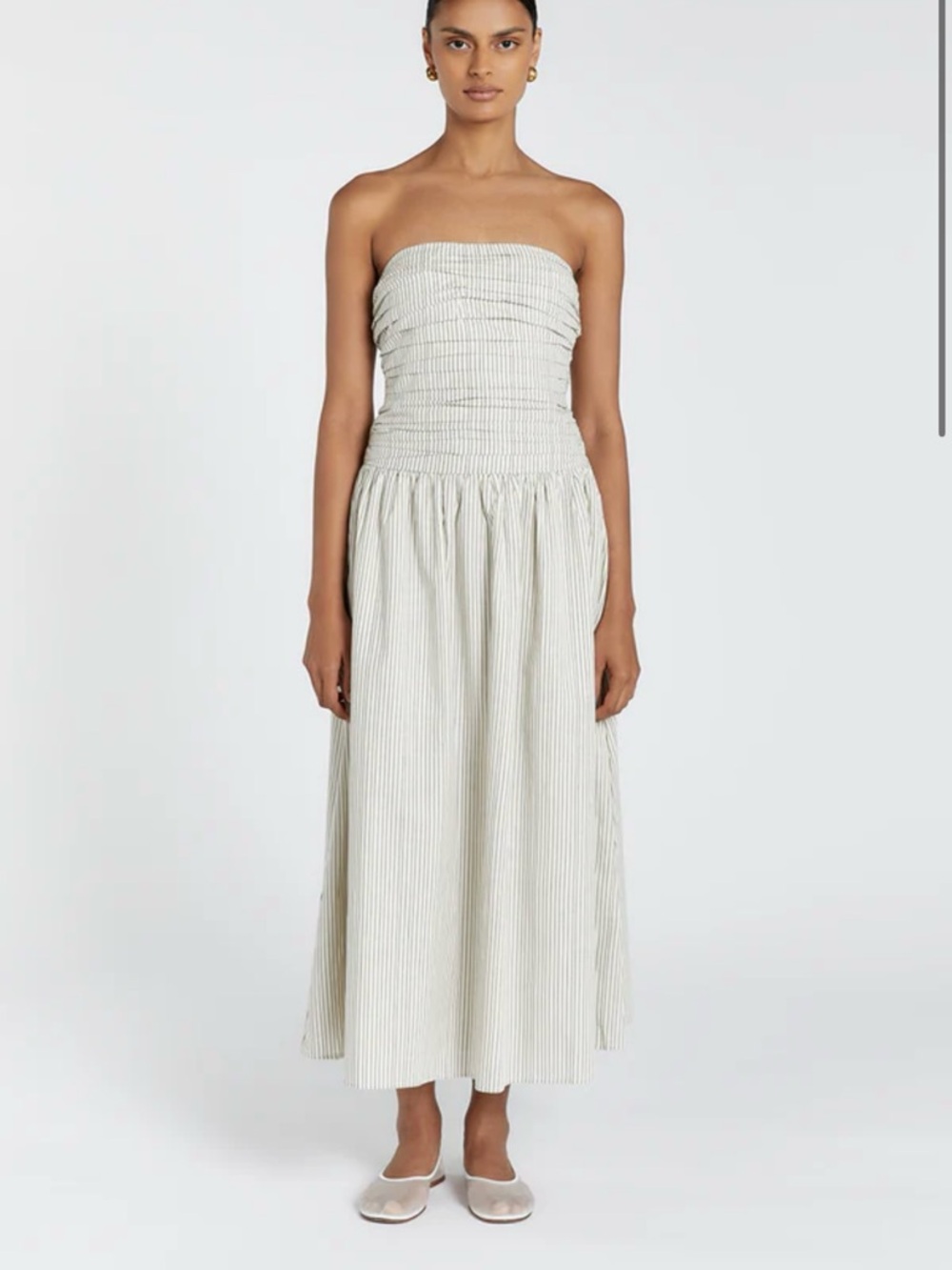 DISSH Strapless Smocked Maxi Dress in Ivory with Thin Stripe